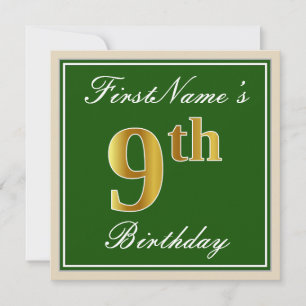 Convites Elegante, Verde, Dourado Falso Aniversário de 9 An