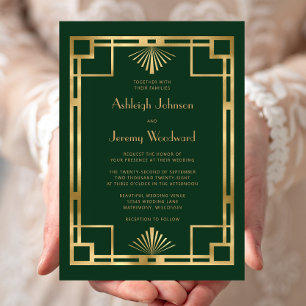 Convites Elegante Verde Dourado Geo Vintage Casamento Deco