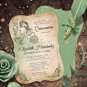 Convites Elegante Verde Dourado Princesa Quinceanera Aniver