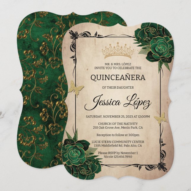 Convites Elegante Verde e Dourada Quinceañera Rustic Aniday (Frente/Verso)