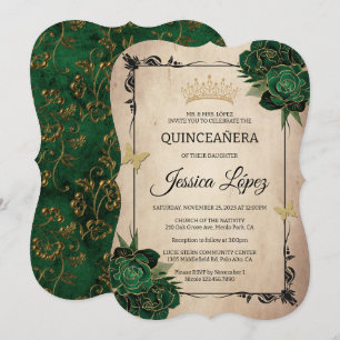 Convites Elegante Verde e Dourada Quinceañera Rustic Aniday