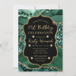 Convites Elegante Verde e Dourado Brilho Ágata Aniversário 