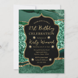 Convites Elegante Verde e Dourado Brilho Ágata Aniversário 