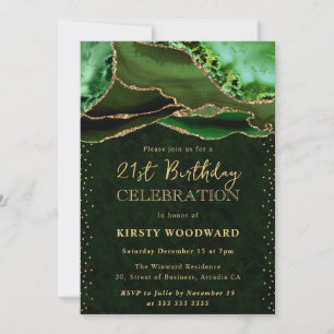 Convites Elegante Verde e Dourado Brilho Ágata Aniversário 