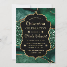 Convites Elegante Verde e Dourado Brilho Ágata Quinceanera