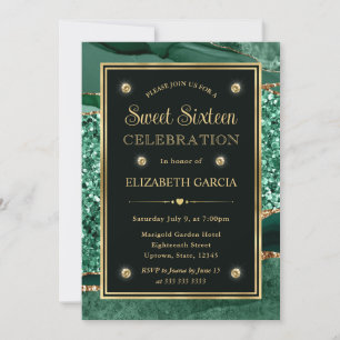 Convites Elegante Verde e Dourado Brilho Ágata Sweet Sixtee