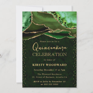 Convites Elegante Verde e Dourado Brilho Quinceanera de Ága