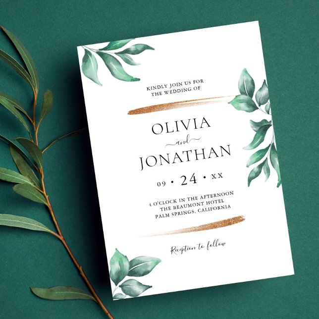 Convites Elegante Verde e Dourado Casamento Minimalista (Criador carregado)