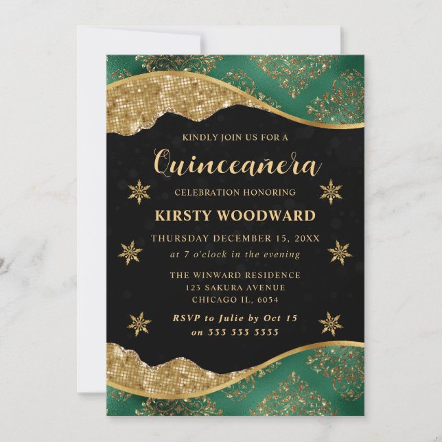 Convites Elegante Verde e Dourado Floco de Neve Quinceanera (Frente)