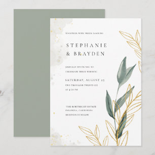 Convites Elegante Verde e Folhas Douradas Casamento em Aqua