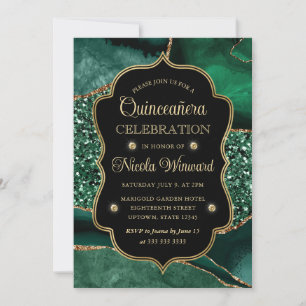 Convites Elegante Verde e Glitter Dourado Quinceanera