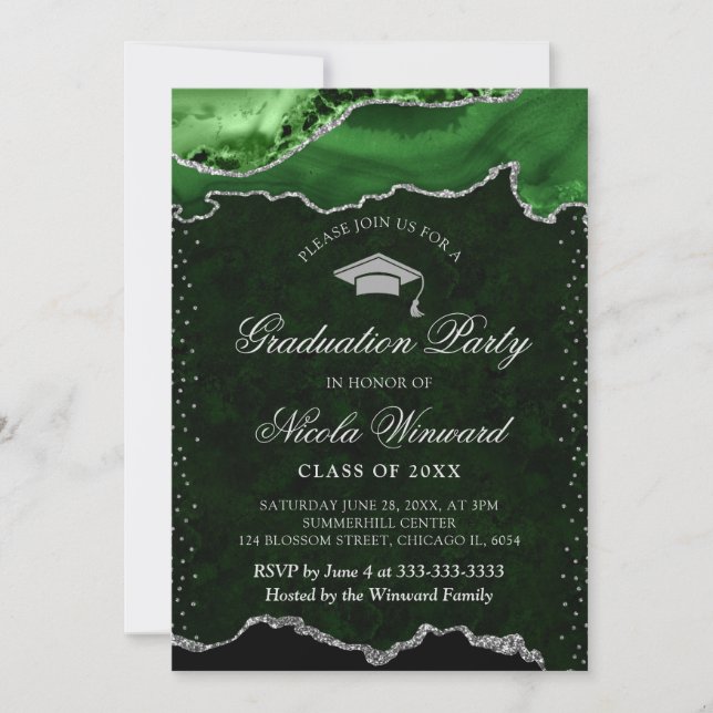 Convites Elegante Verde e Graduação de Ágata Mármore Prata (Frente)