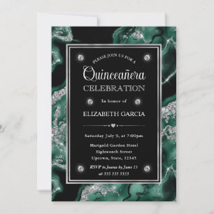 Convites Elegante Verde e Prata Brilho Ágata Quinceanera