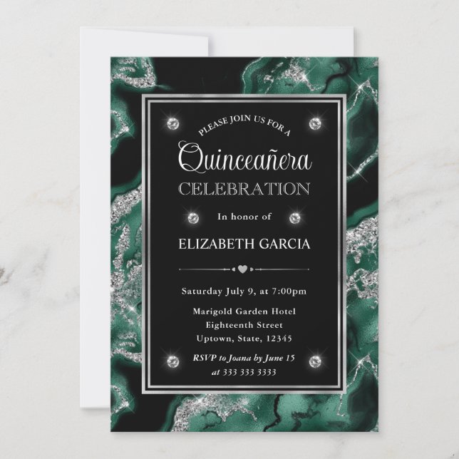 Convites Elegante Verde e Prata Brilho Ágata Quinceanera (Frente)