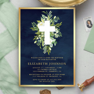 Convites Elegante Verde em Aquarela Azul Marinho Dourado Ba