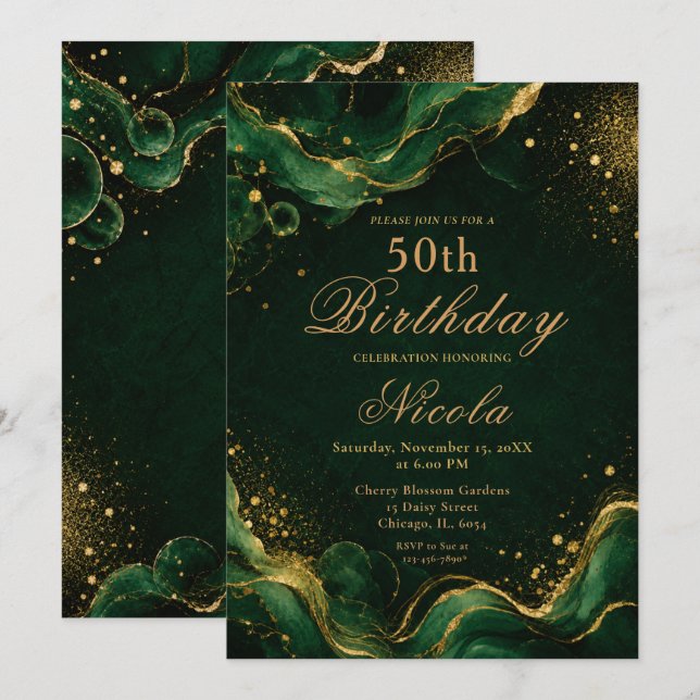 Convites Elegante Verde Esmeralda e Tinta Alcoólica Dourada (Frente/Verso)