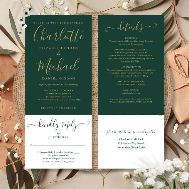 Convites Elegante Verde Esmeralda Moderno Script Dourado (Modern Emerald Green Elegant Gold Script Invitation)