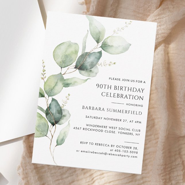 Convites Elegante Verde Eucalyptus 90 Birthday (Elegant Greenery Eucalyptus 90th Birthday Invitation)