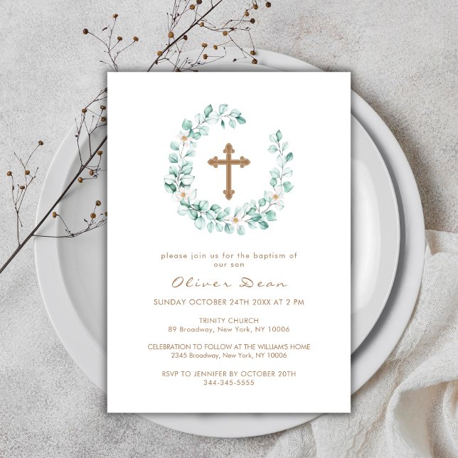 Convites Elegante Verde Eucalyptus Dourado Cruzamento Batis (Elegant Greenery Eucalyptus Gold Cross Baptism Invitation)
