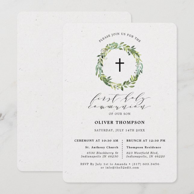 Convites Elegante Verde Eucalyptus Primeira Comunhão (Frente/Verso)