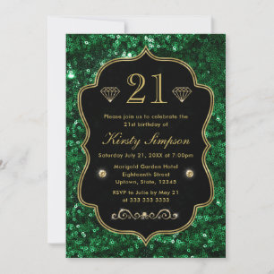 Convites Elegante Verde Falso Brilho e Dourado Aniversário
