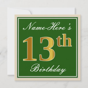 Convites Elegante, Verde, Faux Dourada 13 Aniversário + Nom