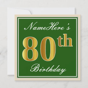 Convites Elegante, Verde, Faux Dourada 80 Aniversário + Nom
