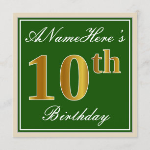 Convites Elegante, Verde, Faux Dourado 10º Aniversário + No