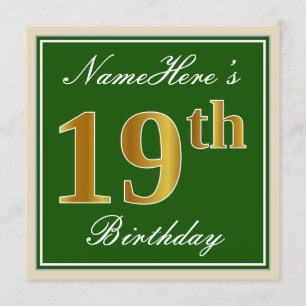 Convites Elegante, Verde, Faux Dourado 19º Aniversário + 