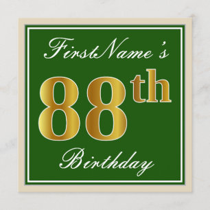 Convites Elegante, Verde, Faux Dourado 88º Aniversário + No