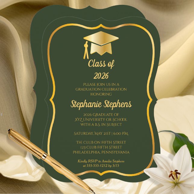 Convites Elegante Verde | FESTA DE FORMATURA DOURADA (Classy Elegant Green and Gold Tone Graduation Cap Grad Party Invitation)