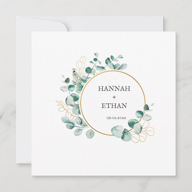 Convites Elegante Verde Folhagem Ouro Eucalipto Personaliza (Frente)
