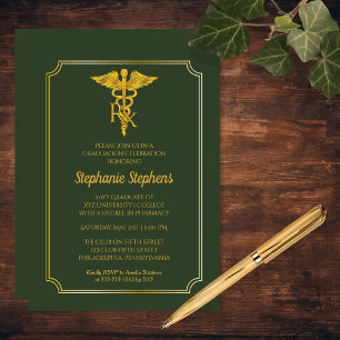 Convites Elegante Verde Formatura da Farmácia Gold Rx Par