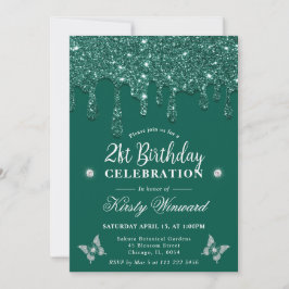 Convites Elegante Verde Gotejando Brilho Aniversário de 21 