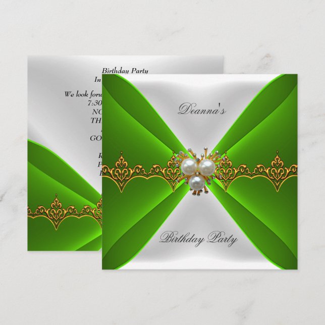 Convites Elegante Verde limão Aniversário Dourado Seda Bran (Frente/Verso)