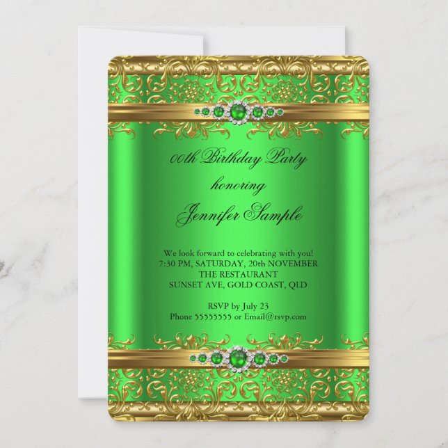 Convites Elegante Verde limão Dourado Damask Diamond Birthd (Frente)