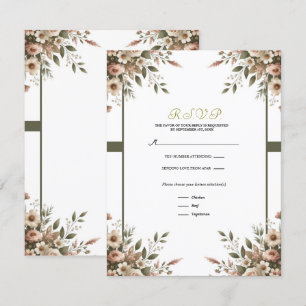 Convites Elegante Verde Oliva & Floral Branco RSVP de Canto