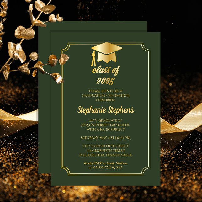 Convites Elegante Verde | Parte Formandos do Boné Dourado (Elegant Green and Gold Tone Grad Cap College | University Graduation Announcement and Party Invite)