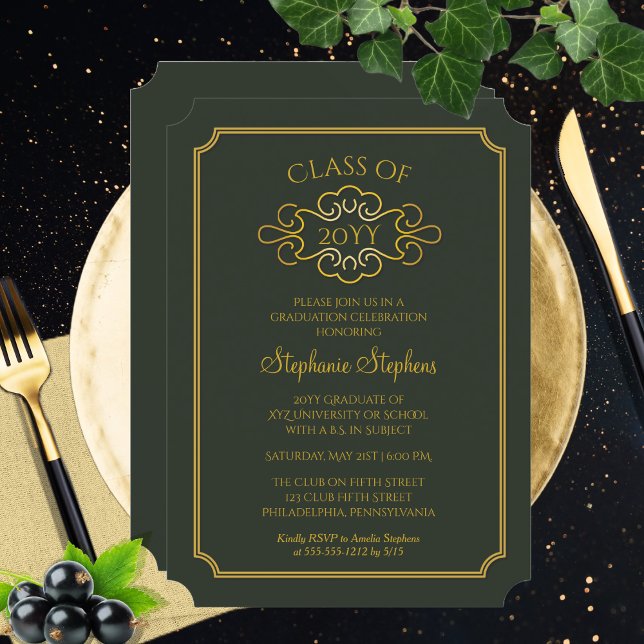 Convites Elegante Verde | Parte Formandos Dourada (Elegant Green and Gold Tone College and University Graduation Announcement and Party Invitation)