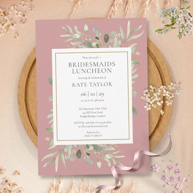 Convites Elegante Verde Poeira Rosa Almoço de Damas de Honr (Elegant Greenery Dusty Rose Bridesmaids Luncheon Invitation)