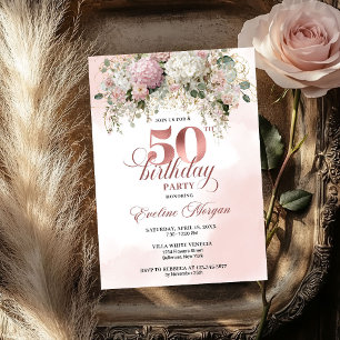 Convites Elegante Verde Rosa Dourado Aniversário de 50 anos