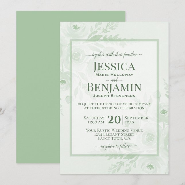 Convites Elegante Verde Sage Boho Chic Floral Casamento (Frente/Verso)