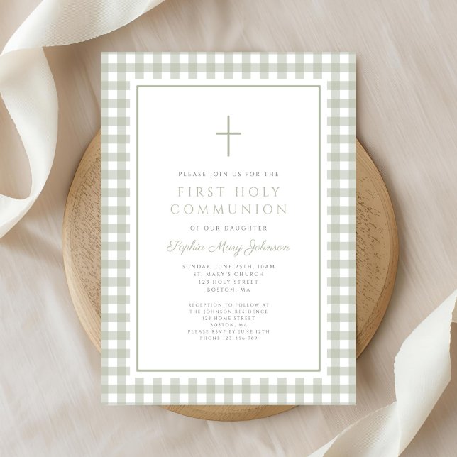 Convites Elegante Verde Sage Gingham Menina Primeira Comunh (Elegant Sage Green Gingham Girl First Communion Invitation)