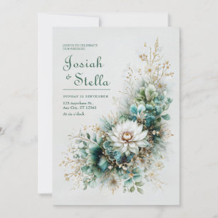 Convites Elegante Verde Teal Dourado Branco Casamento Flora