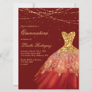 Convites Elegante Vermelho E Dourado Vestido Quinceanera