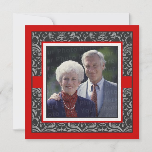 Convites Elegante Vermelho e Preto Damask Aniversário de Ca (Frente)