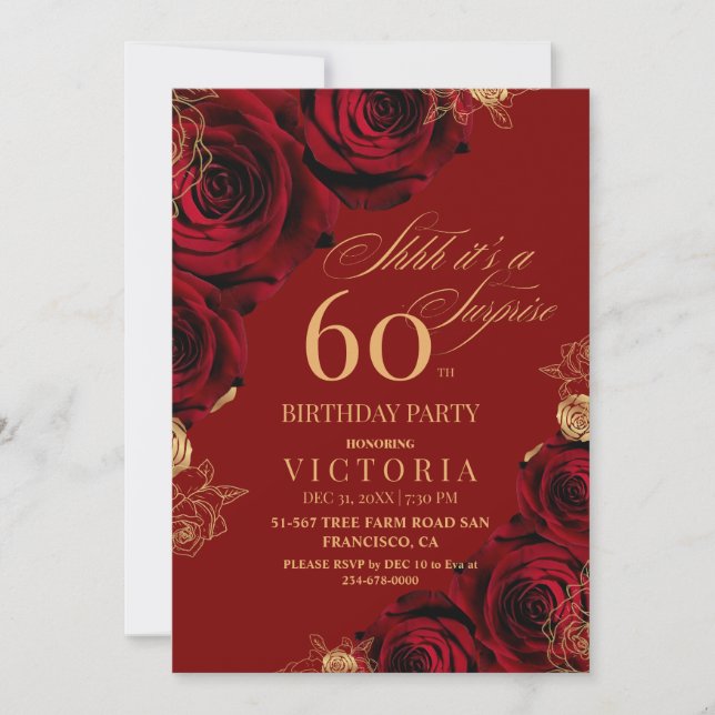 Convites Elegante Vermelho e Rosas Dourados 60º Aniversário (Frente)