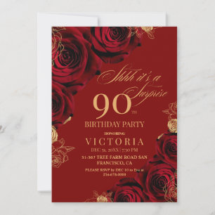 Convites Elegante Vermelho e Rosas Dourados Aniversário do