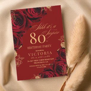 Convites Elegante Vermelho e Rosas Dourados Aniversário do 