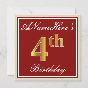 Convites Elegante, Vermelho, Faux Dourado 4º Aniversário 